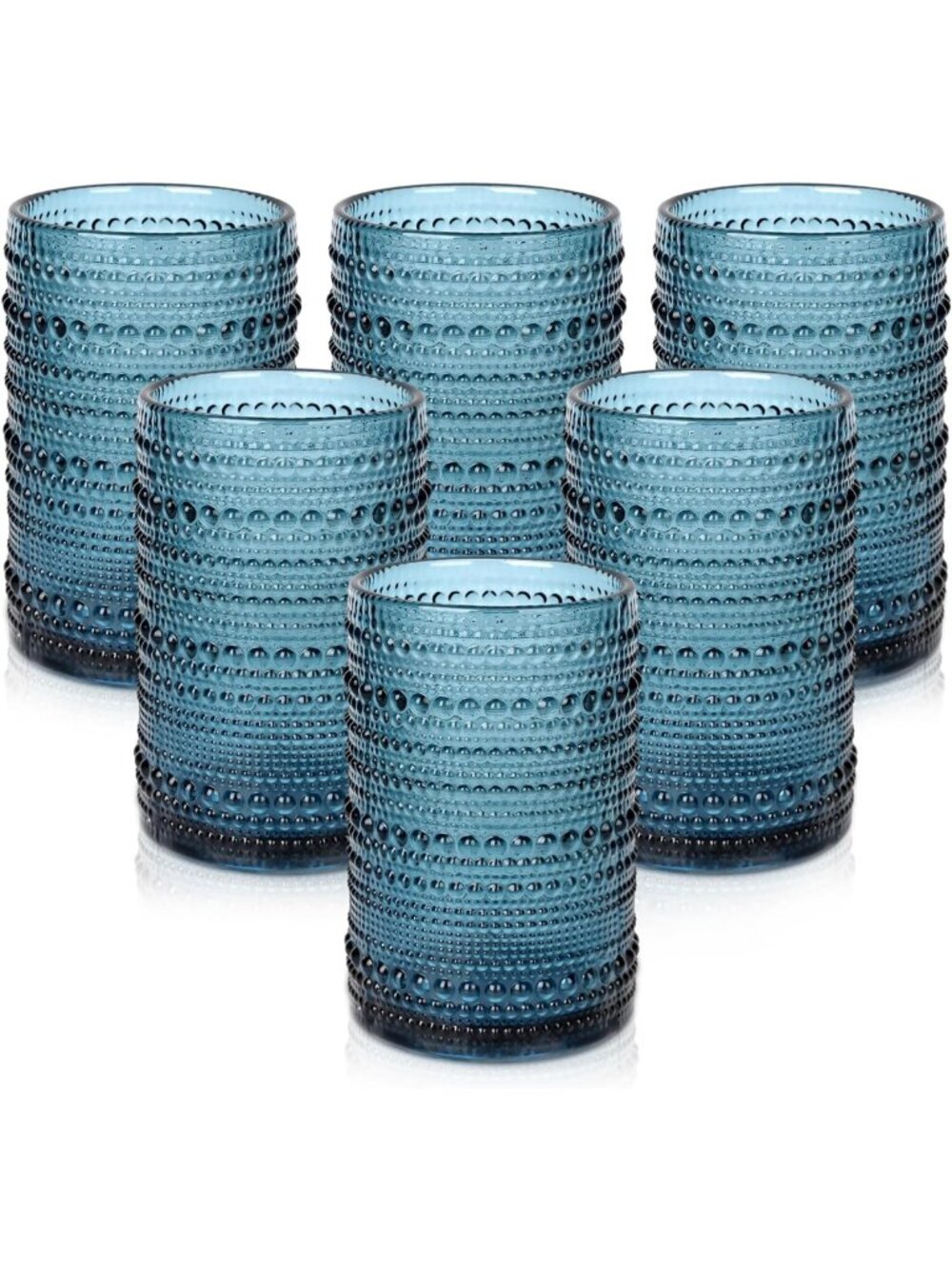 Set of 6 Blue Hobnail Drinking Glasses, 15 oz Vintage Style Cup Set
